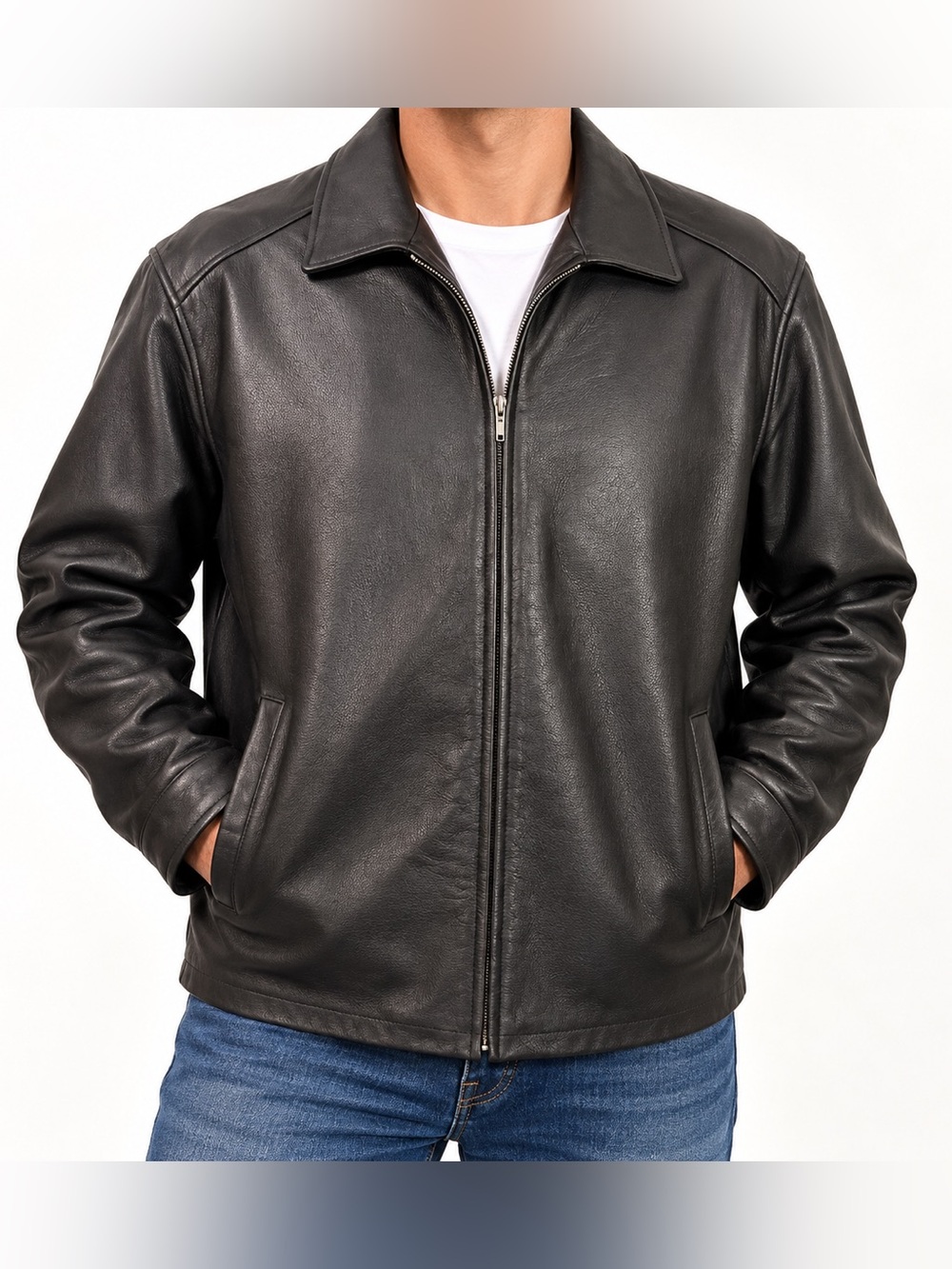 St. John's Bay Black Men’s Real Leather Zip-Front Jacket XL